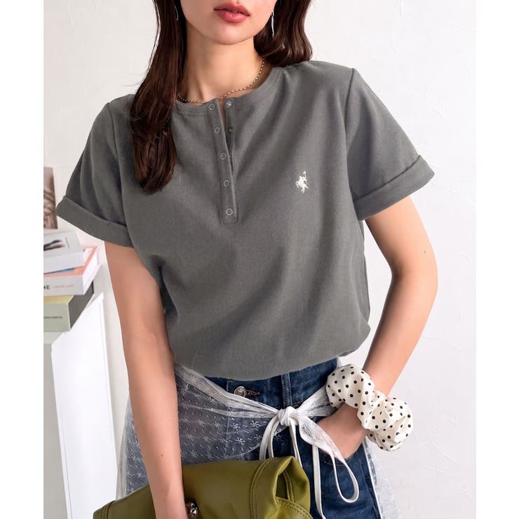 すっきり華奢魅せ。袖ロールアップ胸刺繍入りヘンリーネックリブTシャツ (半袖) | Classical Elf  | 詳細画像19 