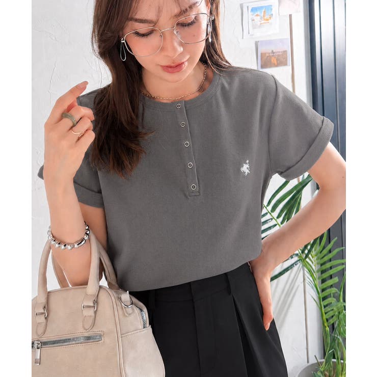すっきり華奢魅せ。袖ロールアップ胸刺繍入りヘンリーネックリブTシャツ (半袖) | Classical Elf  | 詳細画像23 