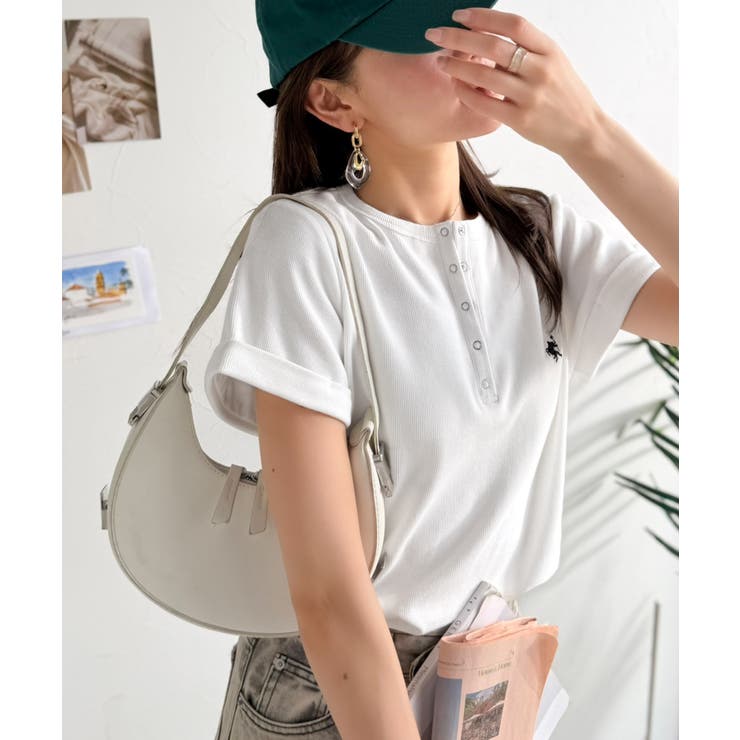 すっきり華奢魅せ。袖ロールアップ胸刺繍入りヘンリーネックリブTシャツ (半袖) | Classical Elf  | 詳細画像6 