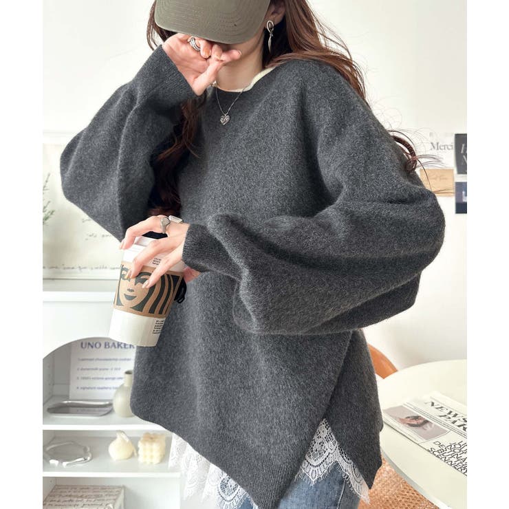 チャコール | この触り心地、やみつき！ふわっと、ゆるっと。サイドスリットカシミヤタッチ起毛ニッ… | Classical Elf 