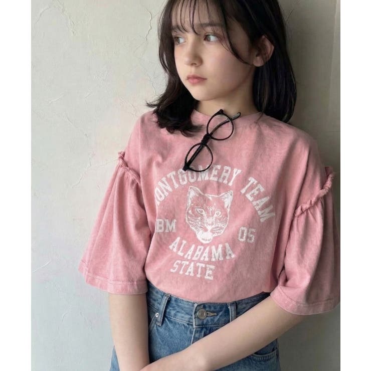 ピンク | 【キッズ】親子リンクコーデ可能◎綿100%カレッジピグメント袖フリルTシャツ | Classical Elf kids