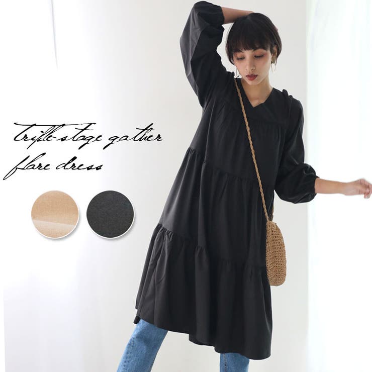 ゆったり可愛いティアードワンピース 3段ギャザーのフレアワンピース