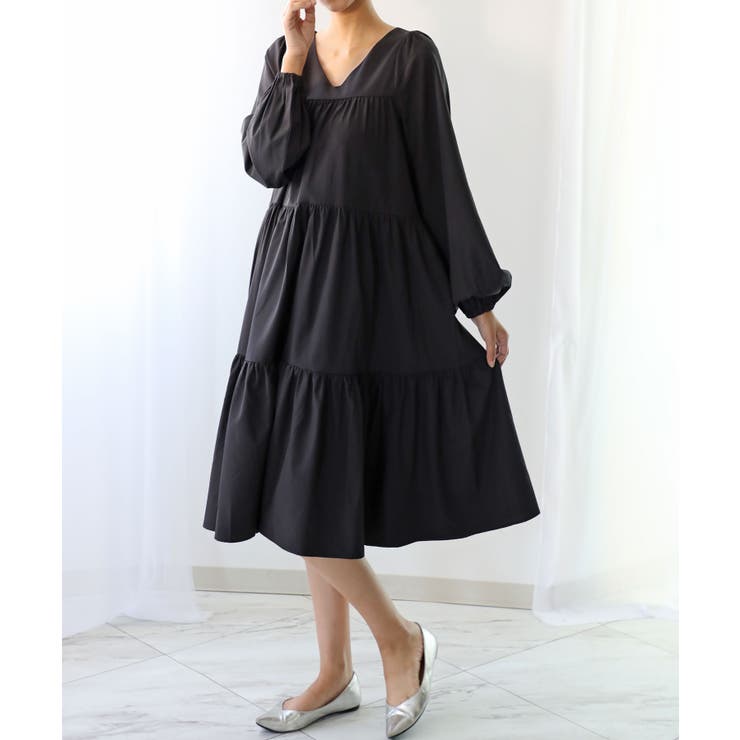 ゆったり可愛いティアードワンピース 3段ギャザーのフレアワンピース