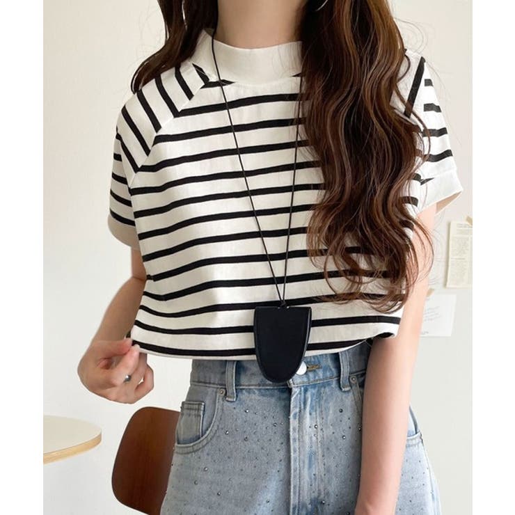 ボーダー | 綿100%の着心地、大人のモックネックラグランTシャツ | Classical Elf 