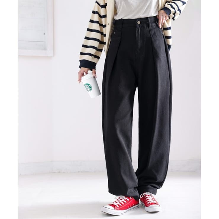 ブラック | 深めのタックが印象的なウエストタックハイウエストデニム＆チノセミワイドパンツ≪S… | Classical Elf 