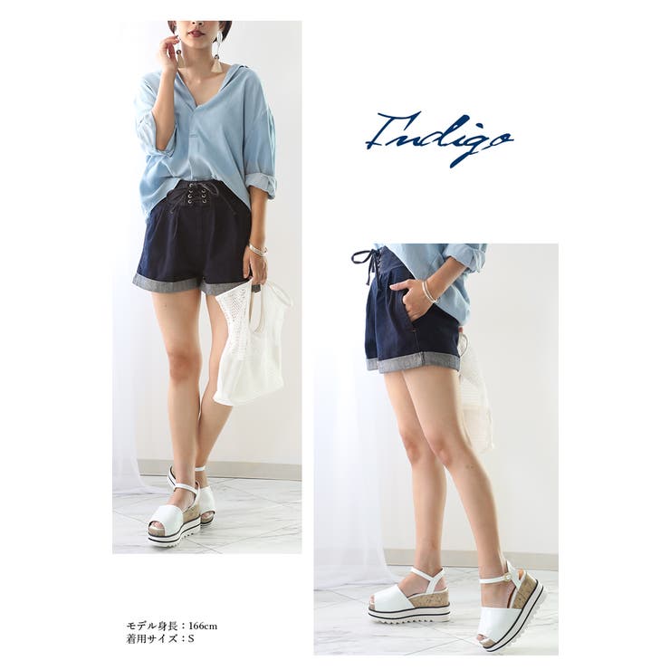 ショートパンツ デニムショートパンツ レースアップ[品番