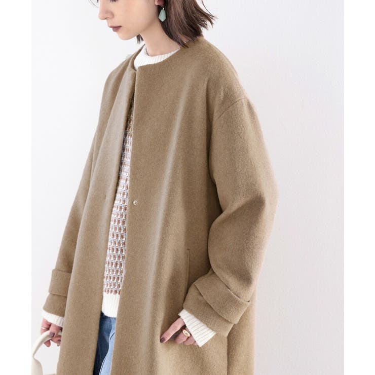女っぽアウター。大人のノーカラーウールロングコート[品番