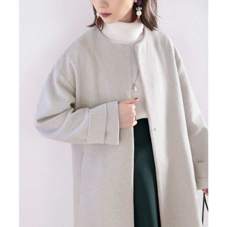 女っぽアウター。大人のノーカラーウールロングコート[品番