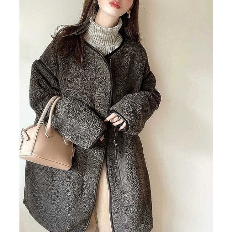 レザー調 無地ジップアップノーカラーパイピングミドルコート[品番