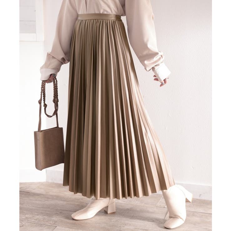 大人の品格。フェイクレザーロングプリーツスカート[品番