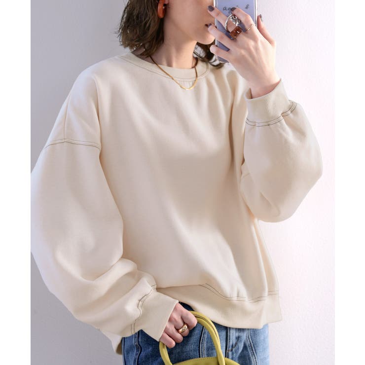 アイボリー | バックステッチショート丈オーバーサイズシンプル無地スウェット(長袖) | Classical Elf 