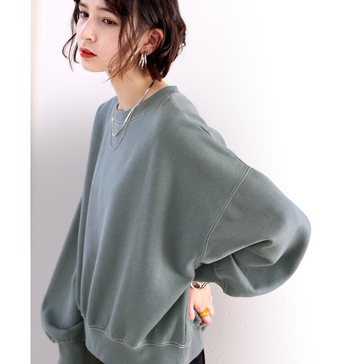 ダスティブルー | バックステッチショート丈オーバーサイズシンプル無地スウェット(長袖) | Classical Elf 