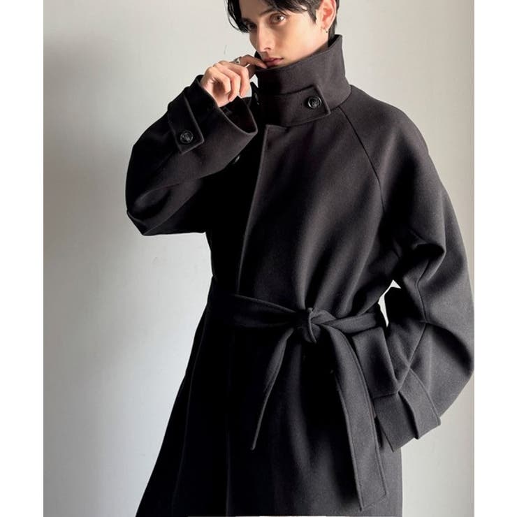 ブラック | 魅せ方、自由自在。襟2way比翼仕立てニットメルトンスタンドステンカラーコート | Classical Elf Men