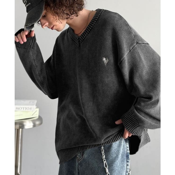 「自分ウケ最強。」綿100％刺繍入りピグメント加工Vネックセーター | Classical Elf Men | 詳細画像6 