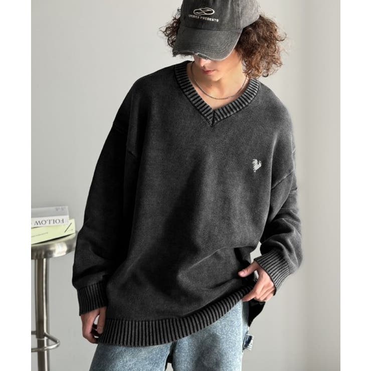 「自分ウケ最強。」綿100％刺繍入りピグメント加工Vネックセーター | Classical Elf Men | 詳細画像7 