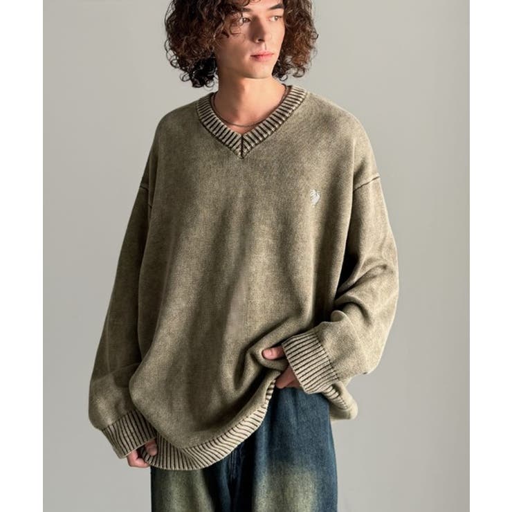「自分ウケ最強。」綿100％刺繍入りピグメント加工Vネックセーター | Classical Elf Men | 詳細画像14 