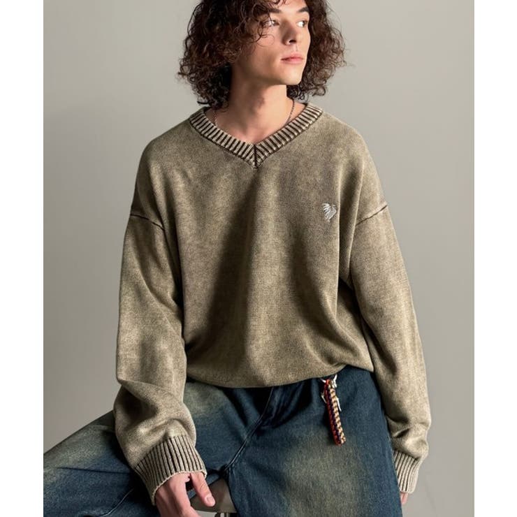 「自分ウケ最強。」綿100％刺繍入りピグメント加工Vネックセーター | Classical Elf Men | 詳細画像15 