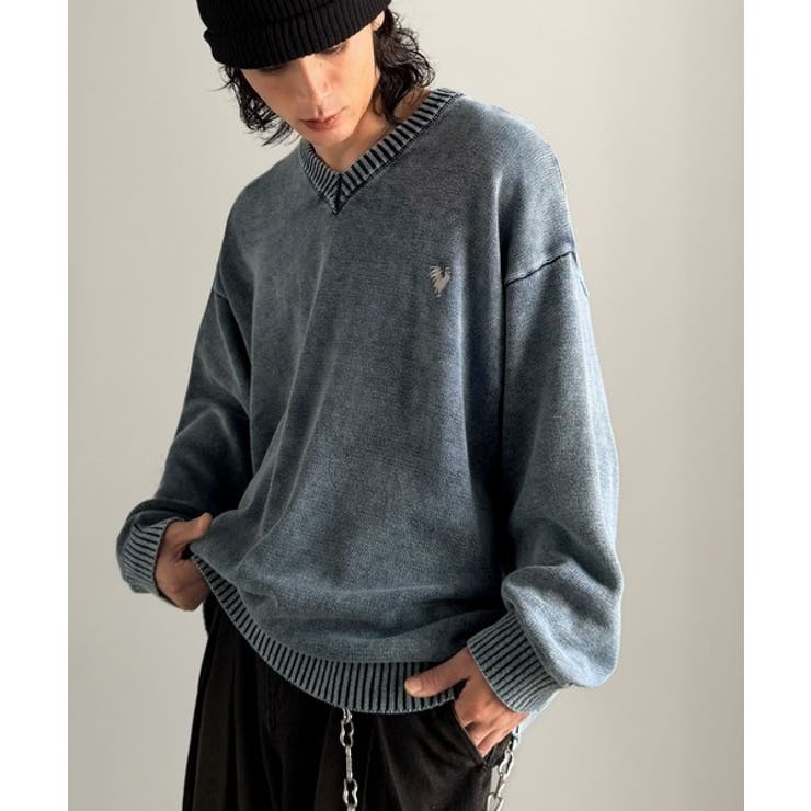 「自分ウケ最強。」綿100％刺繍入りピグメント加工Vネックセーター | Classical Elf Men | 詳細画像21 