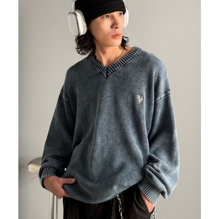 「自分ウケ最強。」綿100％刺繍入りピグメント加工Vネックセーター | Classical Elf Men | 詳細画像23 
