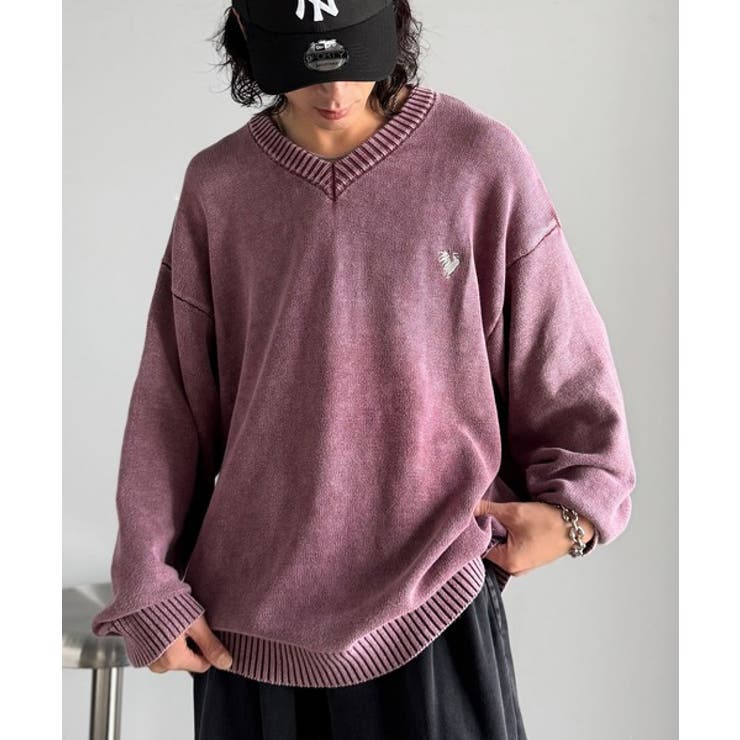 ボルドー | 「自分ウケ最強。」綿100％刺繍入りピグメント加工Vネックセーター | Classical Elf Men