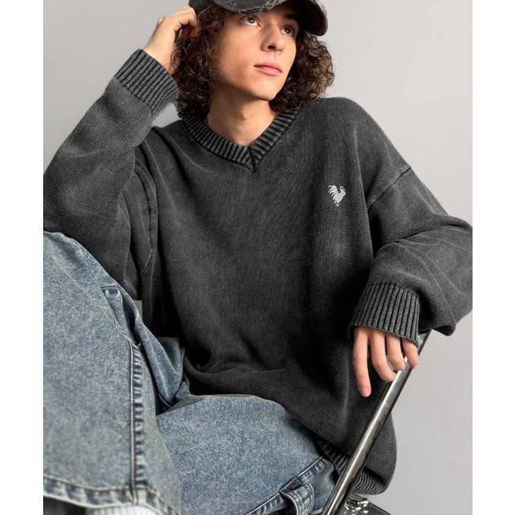 「自分ウケ最強。」綿100％刺繍入りピグメント加工Vネックセーター | Classical Elf Men | 詳細画像1 