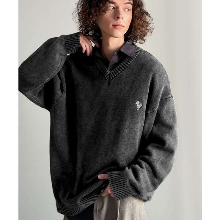 「自分ウケ最強。」綿100％刺繍入りピグメント加工Vネックセーター | Classical Elf Men | 詳細画像3 