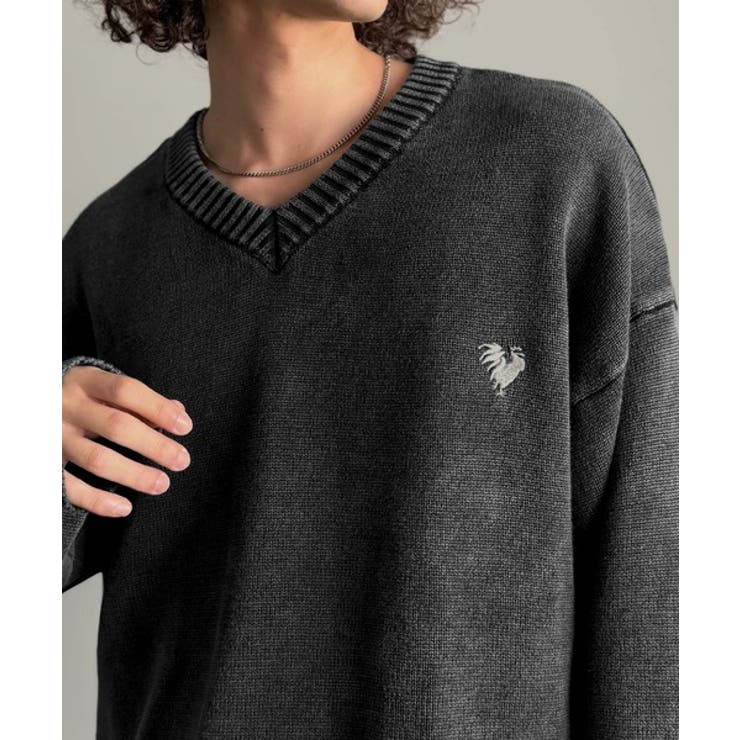 「自分ウケ最強。」綿100％刺繍入りピグメント加工Vネックセーター | Classical Elf Men | 詳細画像4 