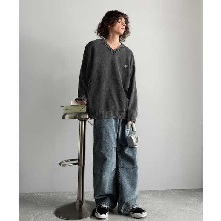 「自分ウケ最強。」綿100％刺繍入りピグメント加工Vネックセーター | Classical Elf Men | 詳細画像5 