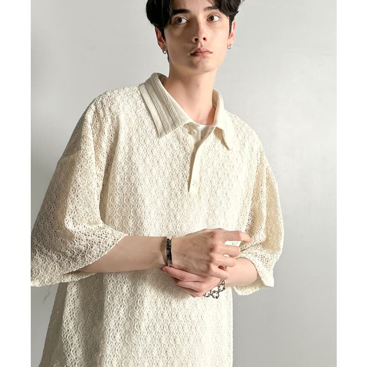 アイボリー | 「透け感、モードの余韻。」衿ダブルライン使いレース柄ニットポロシャツ Lace … | Classical Elf Men