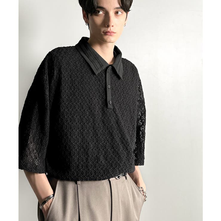 「透け感、モードの余韻。」衿ダブルライン使いレース柄ニットポロシャツ Lace … | Classical Elf Men | 詳細画像6 