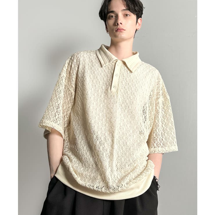 「透け感、モードの余韻。」衿ダブルライン使いレース柄ニットポロシャツ Lace … | Classical Elf Men | 詳細画像8 