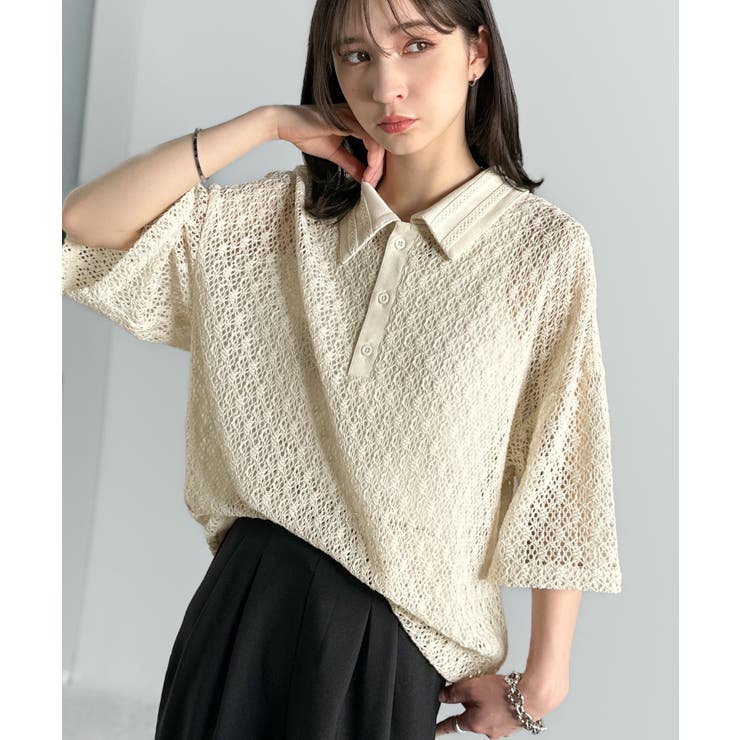 「透け感、モードの余韻。」衿ダブルライン使いレース柄ニットポロシャツ Lace … | Classical Elf Men | 詳細画像13 