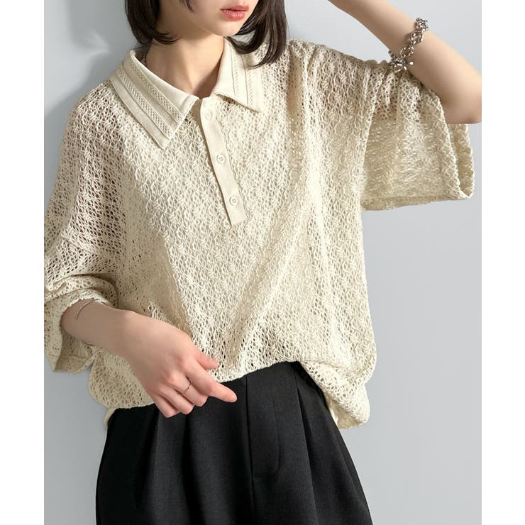 「透け感、モードの余韻。」衿ダブルライン使いレース柄ニットポロシャツ Lace … | Classical Elf Men | 詳細画像14 