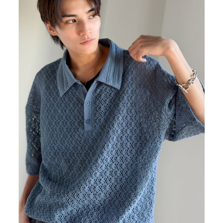 「透け感、モードの余韻。」衿ダブルライン使いレース柄ニットポロシャツ Lace … | Classical Elf Men | 詳細画像16 