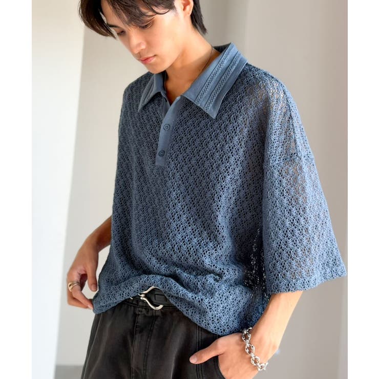 「透け感、モードの余韻。」衿ダブルライン使いレース柄ニットポロシャツ Lace … | Classical Elf Men | 詳細画像17 