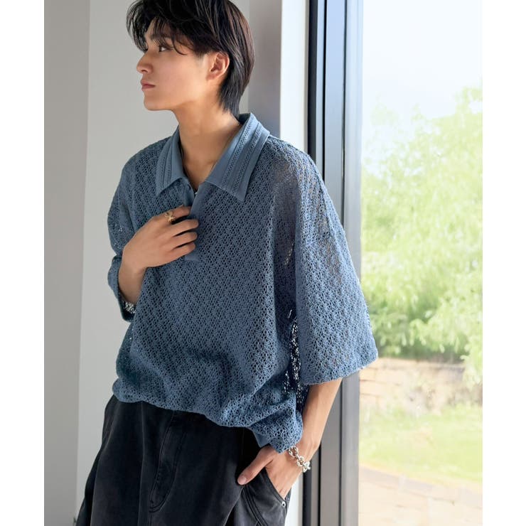 「透け感、モードの余韻。」衿ダブルライン使いレース柄ニットポロシャツ Lace … | Classical Elf Men | 詳細画像18 