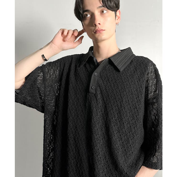 「透け感、モードの余韻。」衿ダブルライン使いレース柄ニットポロシャツ Lace … | Classical Elf Men | 詳細画像1 