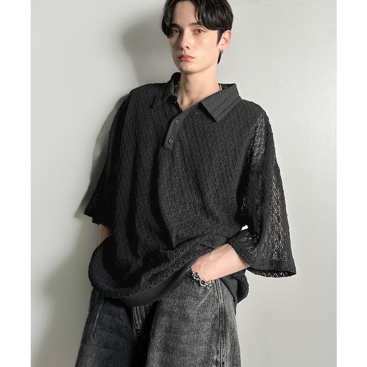 「透け感、モードの余韻。」衿ダブルライン使いレース柄ニットポロシャツ Lace … | Classical Elf Men | 詳細画像2 