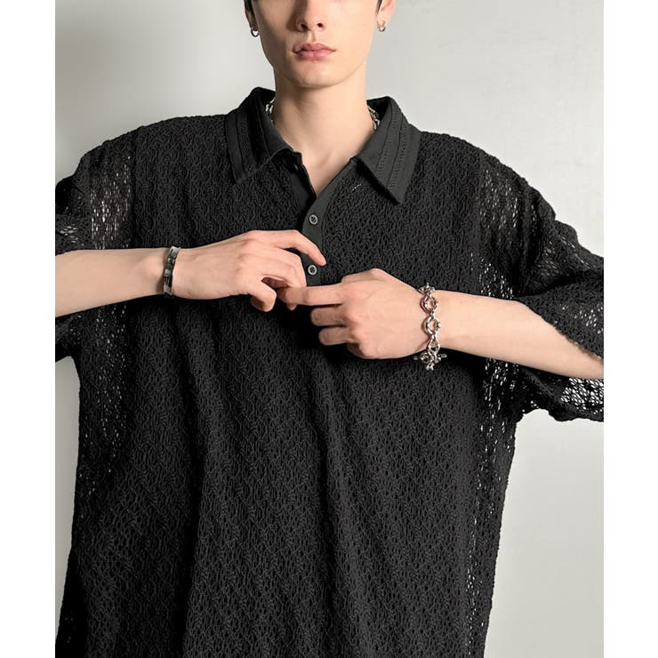 「透け感、モードの余韻。」衿ダブルライン使いレース柄ニットポロシャツ Lace … | Classical Elf Men | 詳細画像3 