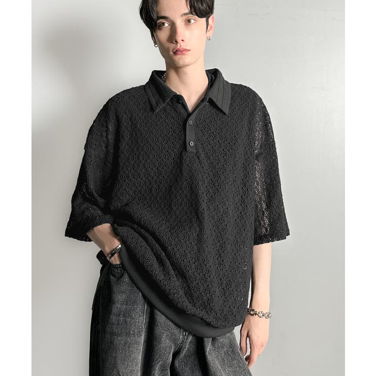 「透け感、モードの余韻。」衿ダブルライン使いレース柄ニットポロシャツ Lace … | Classical Elf Men | 詳細画像4 