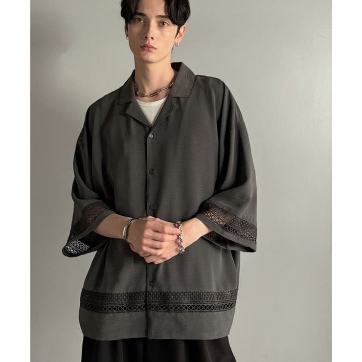 「レースが語る、大人の余裕。」レース切り替えオープンカラーシャツ Lace Pa… | Classical Elf Men | 詳細画像7 