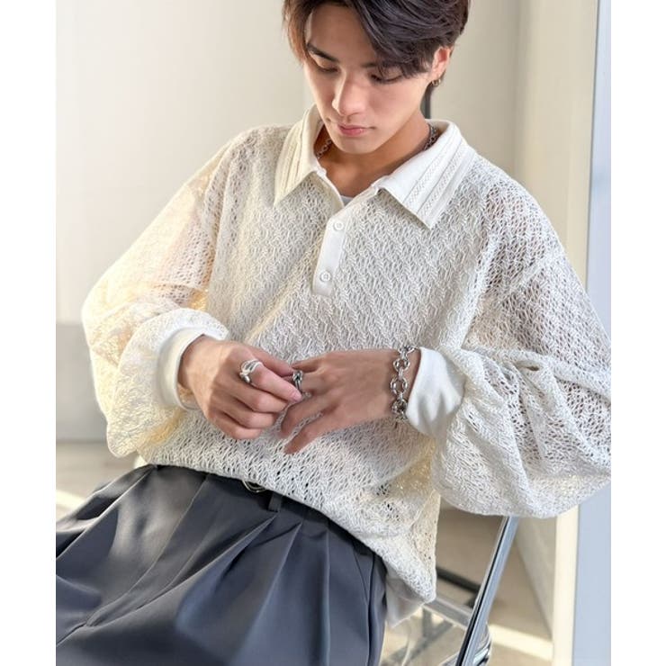 アイボリー | 「透け感、モードの余韻。」衿ダブルライン使いレース柄ニットポロシャツ Doubl… | Classical Elf Men