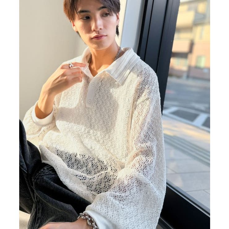 「透け感、モードの余韻。」衿ダブルライン使いレース柄ニットポロシャツ Doubl… | Classical Elf Men | 詳細画像9 