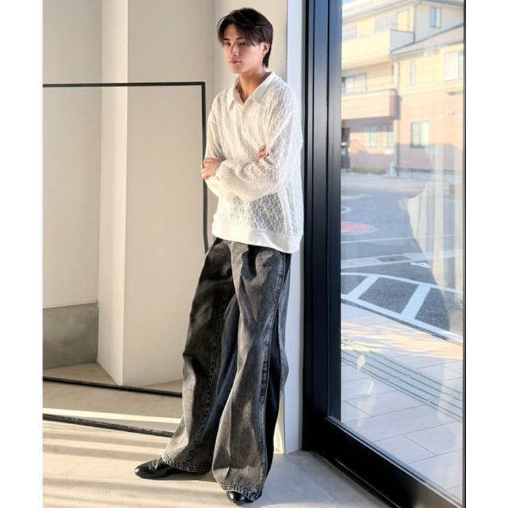 「透け感、モードの余韻。」衿ダブルライン使いレース柄ニットポロシャツ Doubl… | Classical Elf Men | 詳細画像10 