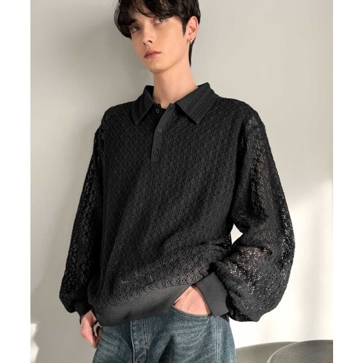 「透け感、モードの余韻。」衿ダブルライン使いレース柄ニットポロシャツ Doubl… | Classical Elf Men | 詳細画像11 