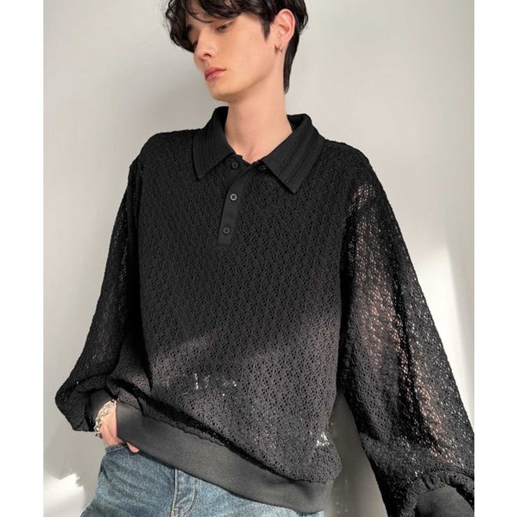 「透け感、モードの余韻。」衿ダブルライン使いレース柄ニットポロシャツ Doubl… | Classical Elf Men | 詳細画像13 