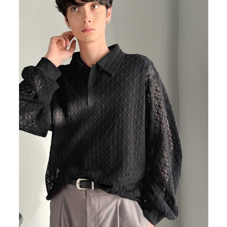 「透け感、モードの余韻。」衿ダブルライン使いレース柄ニットポロシャツ Doubl… | Classical Elf Men | 詳細画像14 