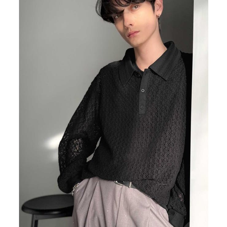 「透け感、モードの余韻。」衿ダブルライン使いレース柄ニットポロシャツ Doubl… | Classical Elf Men | 詳細画像16 