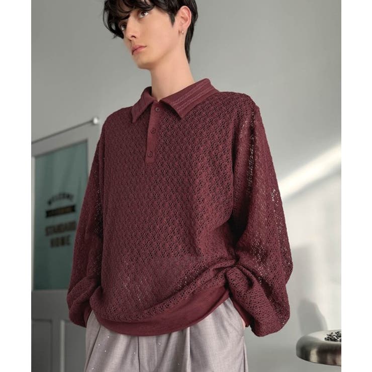 「透け感、モードの余韻。」衿ダブルライン使いレース柄ニットポロシャツ Doubl… | Classical Elf Men | 詳細画像18 