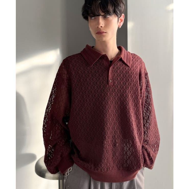 ワイン | 「透け感、モードの余韻。」衿ダブルライン使いレース柄ニットポロシャツ Doubl… | Classical Elf Men